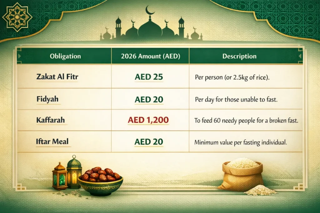 UAE Ramadan 2026 Price Control: 9 Essential Items, AED 100k Fines & Official Rules 3 Table showing UAE official Zakat Al Fitr 2026 rates including AED 25 for Zakat and AED 20 for Fidyah for uaeplan.ae