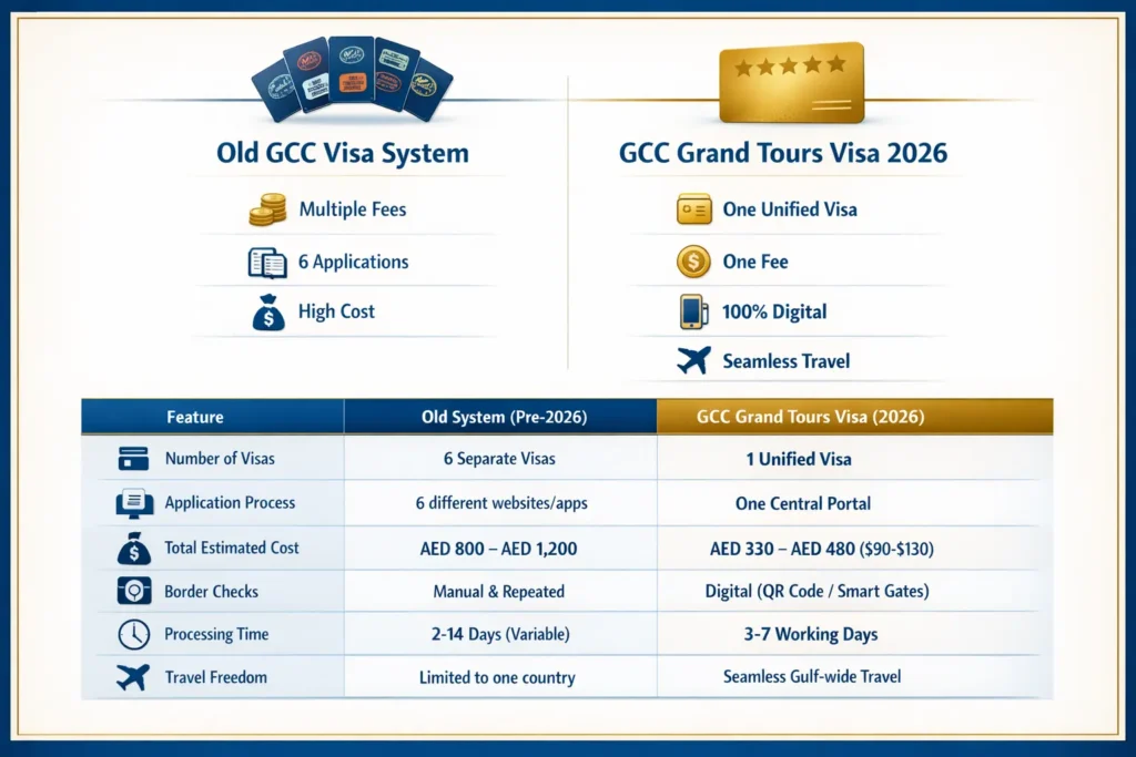 GCC Grand Tours Visa 2026: The Ultimate "Gulf Schengen" Guide for UAE Residents 2 Infographic comparing 6 separate GCC visas vs the new unified GCC Grand Tours Visa 2026 showing cost and process differences.