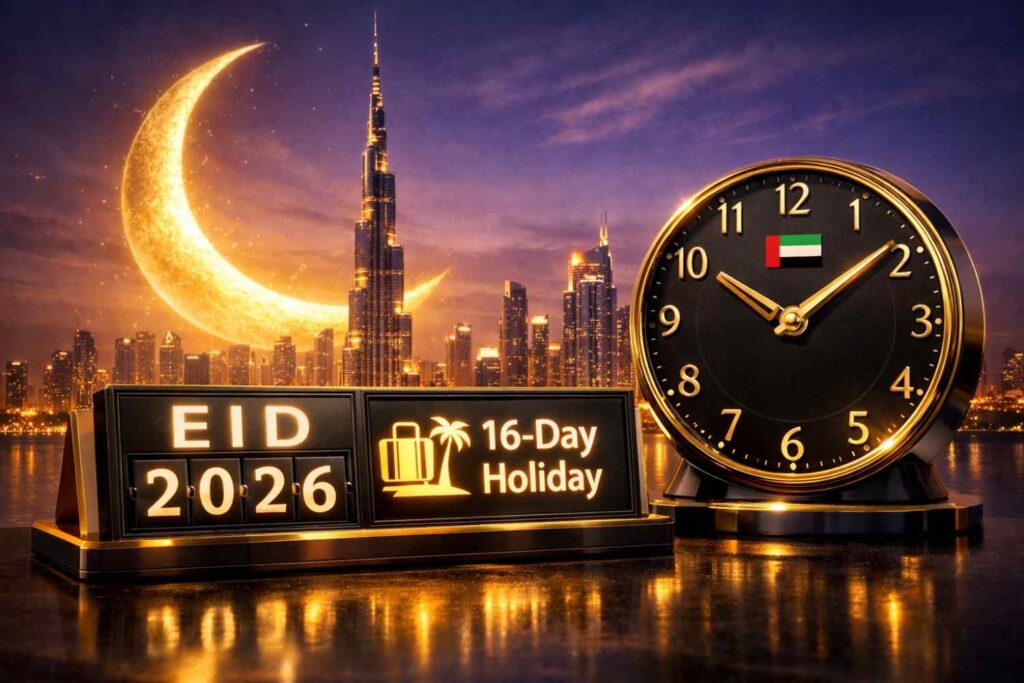 A 3D rendered desk calendar for March 2026 with "Eid 2026 16-Day Holiday" digital sign against the Dubai Burj Khalifa skyline at night.