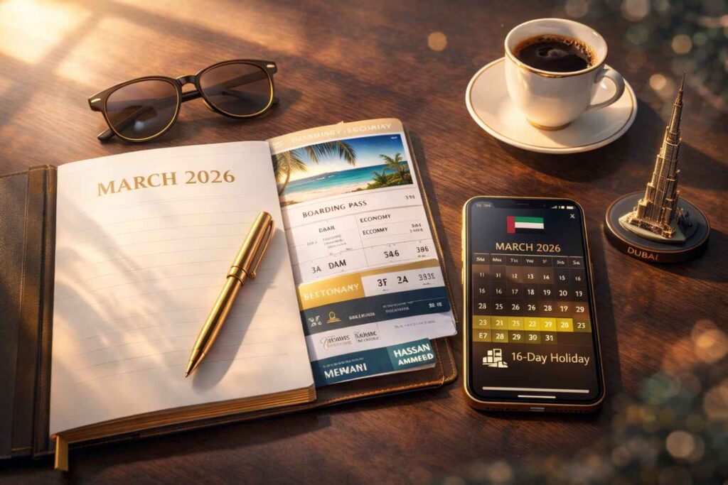 The Definitive 2026 UAE Eid Al Fitr Masterplan: Shorter Workdays, 16-Day Spring Break, & Strategic Leave Hacks 2 Strategic planning for UAE Eid Al Fitr 2026 using a March calendar and travel accessories on a Dubai desk