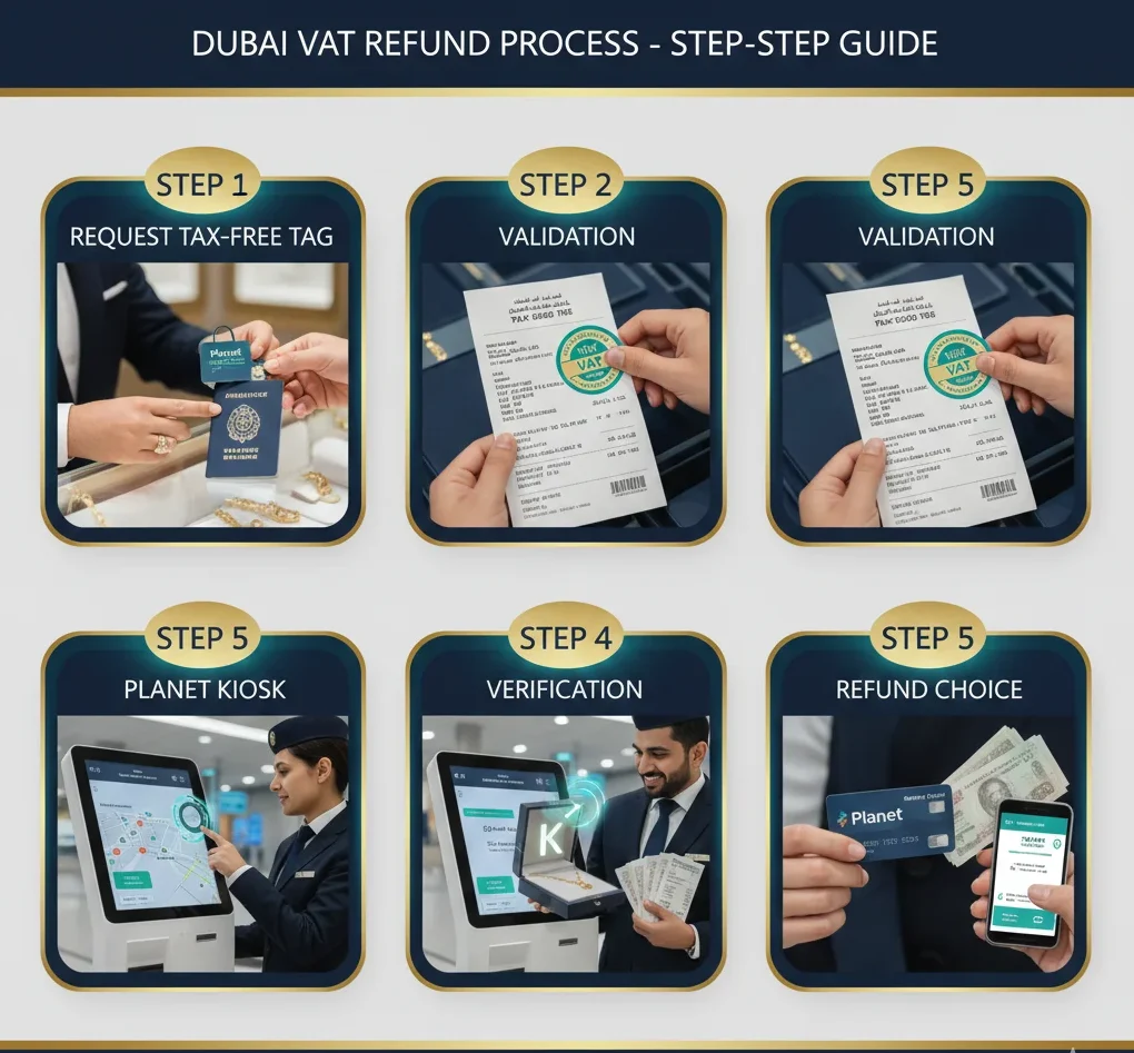 Step-by-step infographic showing how to reclaim 5% VAT on gold in Dubai, from getting a tax-free tag to using the Planet Kiosk at DXB airport.