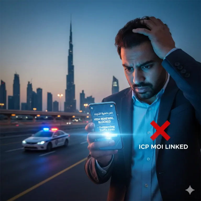 UAE resident looking at visa renewal blocked notification due to traffic fines linked with ICP and MOI 2026