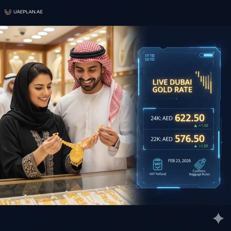 Live Dubai Gold Rate Today infographic showing 24K and 22K prices in AED with VAT refund and customs rules icons.