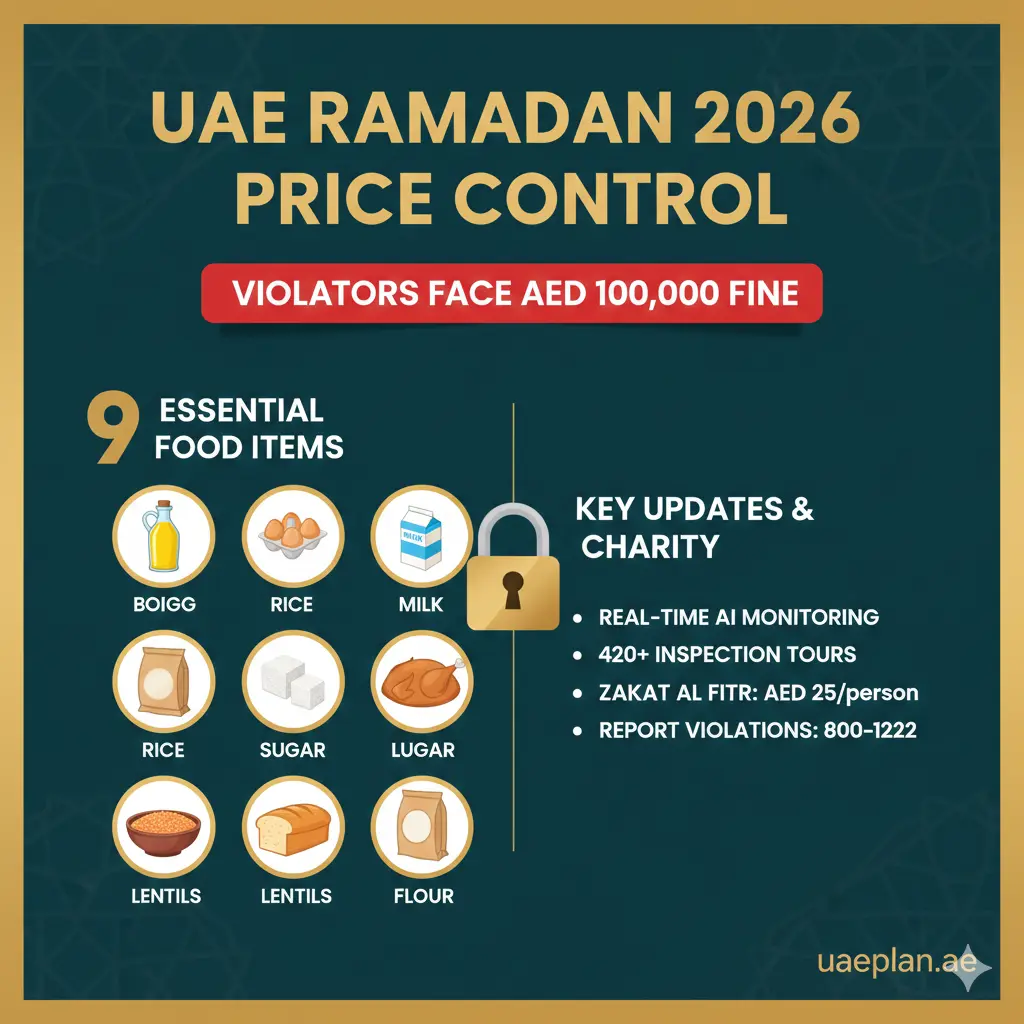 UAE Ramadan 2026 Price Control: 9 Essential Items, AED 100k Fines & Official Rules 2 Infographic of UAE Ramadan 2026 Price Control on 9 food items and AED 100,000 fine details for uaeplan.ae