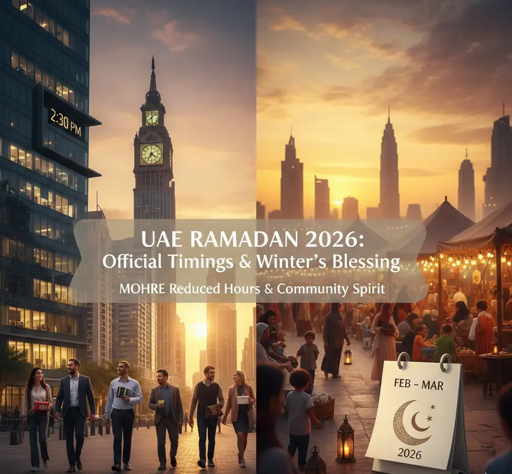 Ramadan 2026 UAE official timings and MoHRE work reduction rules showing employees leaving early and a traditional winter evening market in Dubai.