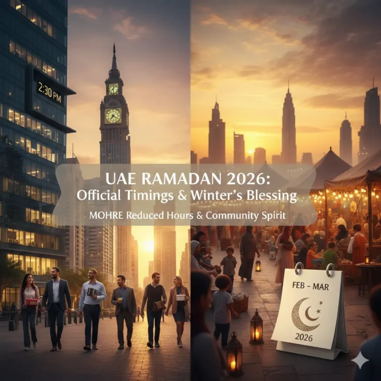 A split-screen image showing UAE professionals leaving work at 2:30 PM and a traditional winter Ramadan evening market in Dubai, 2026.
