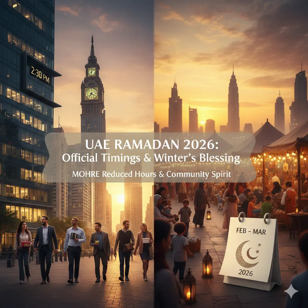 A split-screen image showing UAE professionals leaving work at 2:30 PM and a traditional winter Ramadan evening market in Dubai, 2026.