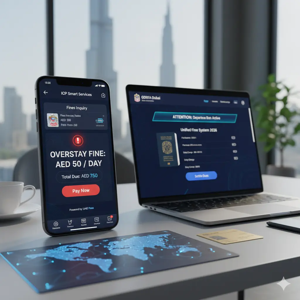 Official ICP and GDRFA online portal showing UAE visa overstay fine check of AED 50 per day in 2026.