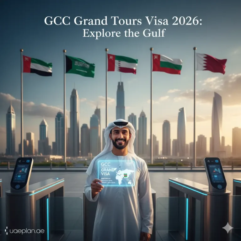 A professional in traditional attire holding a digital GCC Grand Tours Visa in front of smart gates and Gulf flags.