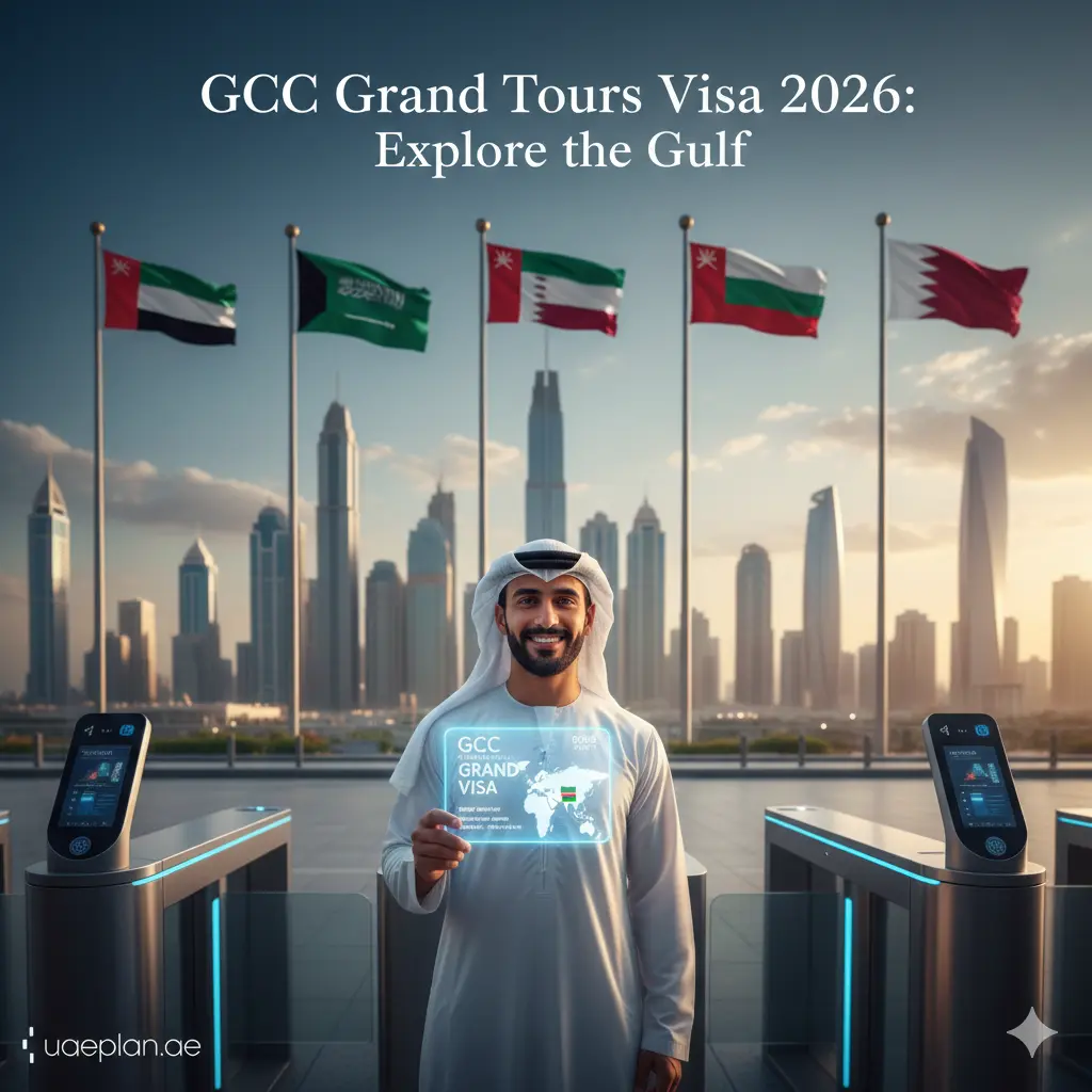 GCC Grand Tours Visa 2026: The Ultimate "Gulf Schengen" Guide for UAE Residents 1 A professional in traditional attire holding a digital GCC Grand Tours Visa in front of smart gates and Gulf flags.