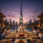An Emirati family having Iftar dinner with Burj Khalifa and Dubai skyline background during Ramadan 2026