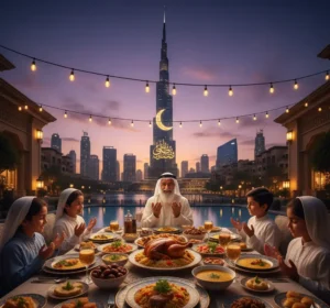 An Emirati family having Iftar dinner with Burj Khalifa and Dubai skyline background during Ramadan 2026