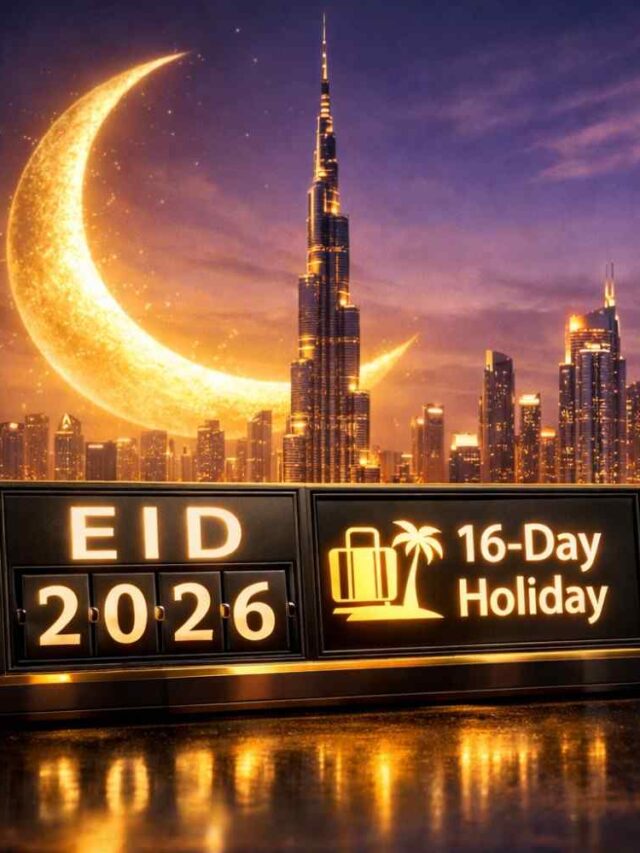 A 3D rendered desk calendar for March 2026 with "Eid 2026 16-Day Holiday" digital sign against the Dubai Burj Khalifa skyline at night.