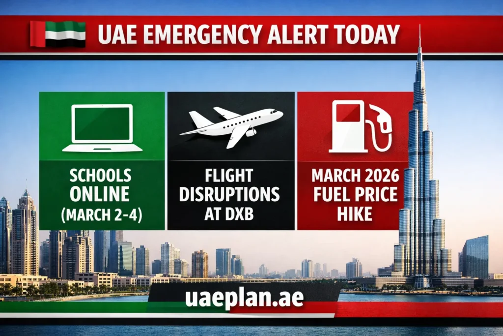 UAE Emergency Alert Today: Schools Online, Flight Disruptions at DXB, and March 2026 Fuel Price Hike Infographic.