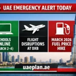 UAE Emergency Alert Today: Schools Online, Flight Disruptions at DXB, and March 2026 Fuel Price Hike Infographic.