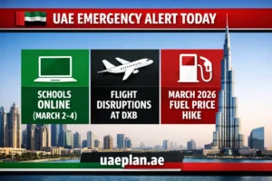 UAE Emergency Alert Today: Schools Online, Flight Disruptions at DXB, and March 2026 Fuel Price Hike Infographic.