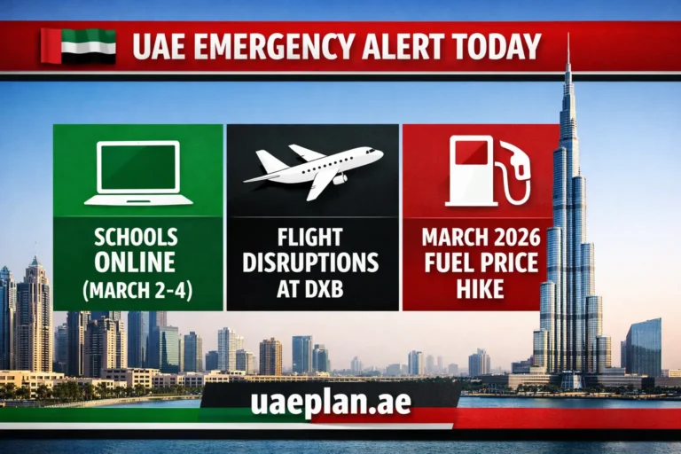 UAE Emergency Alert Today: Schools Online, Flight Disruptions at DXB, and March 2026 Fuel Price Hike Infographic.